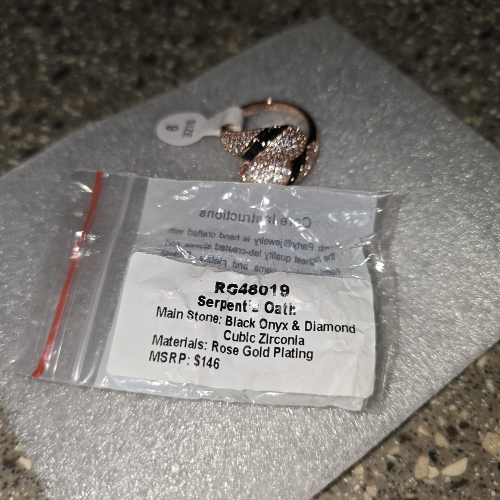 Serpent Oath Rose Gold Ring with Black Onyx and Diamond CZ SIZE 9